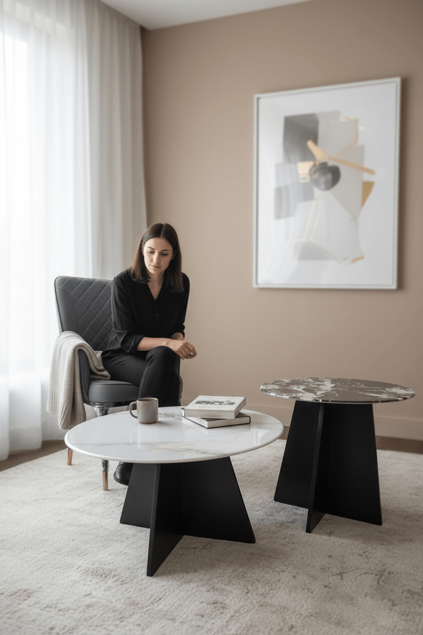 Round Table with Marble set of 2 | Cafe | Center Table | Coffee